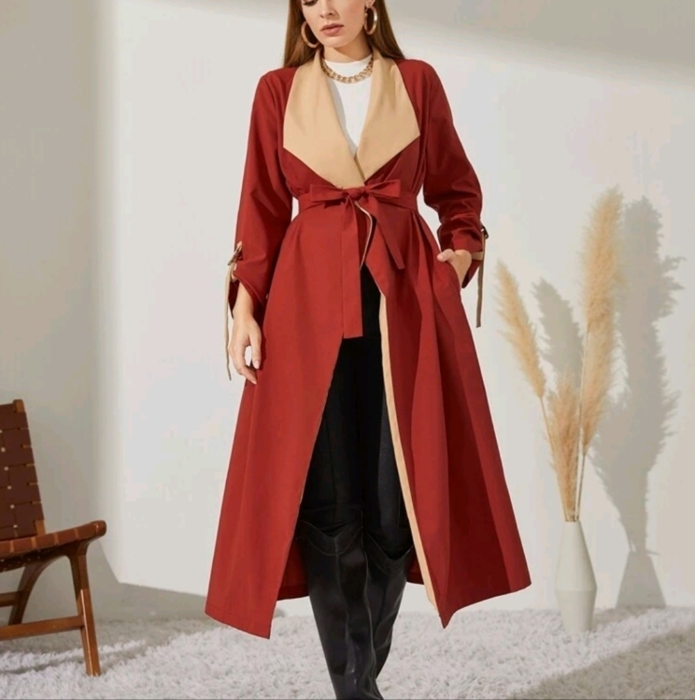 Lightweight maroon tan jacket trench coat style women's XL fashion tie dress